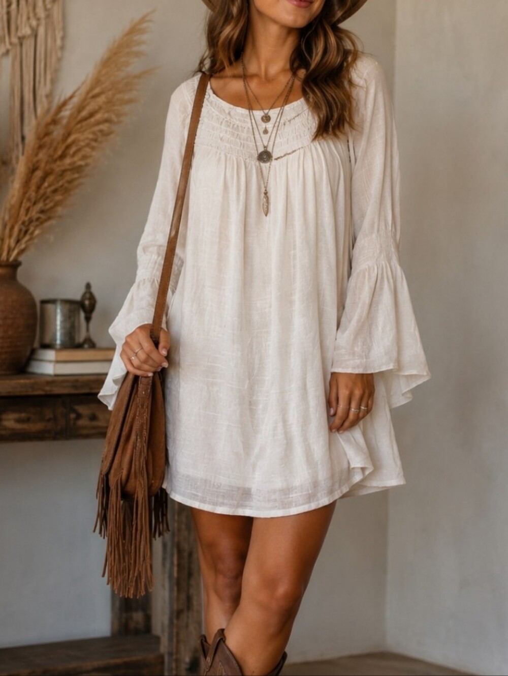 Union Of Angels White Boho Peasant Dress with Bell Sleeves